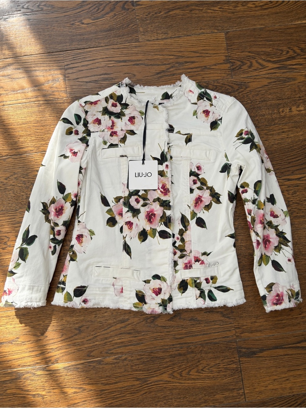 NWT Liu Jo Cream Denim Jacket with Pink Floral Print EU Sz 40
